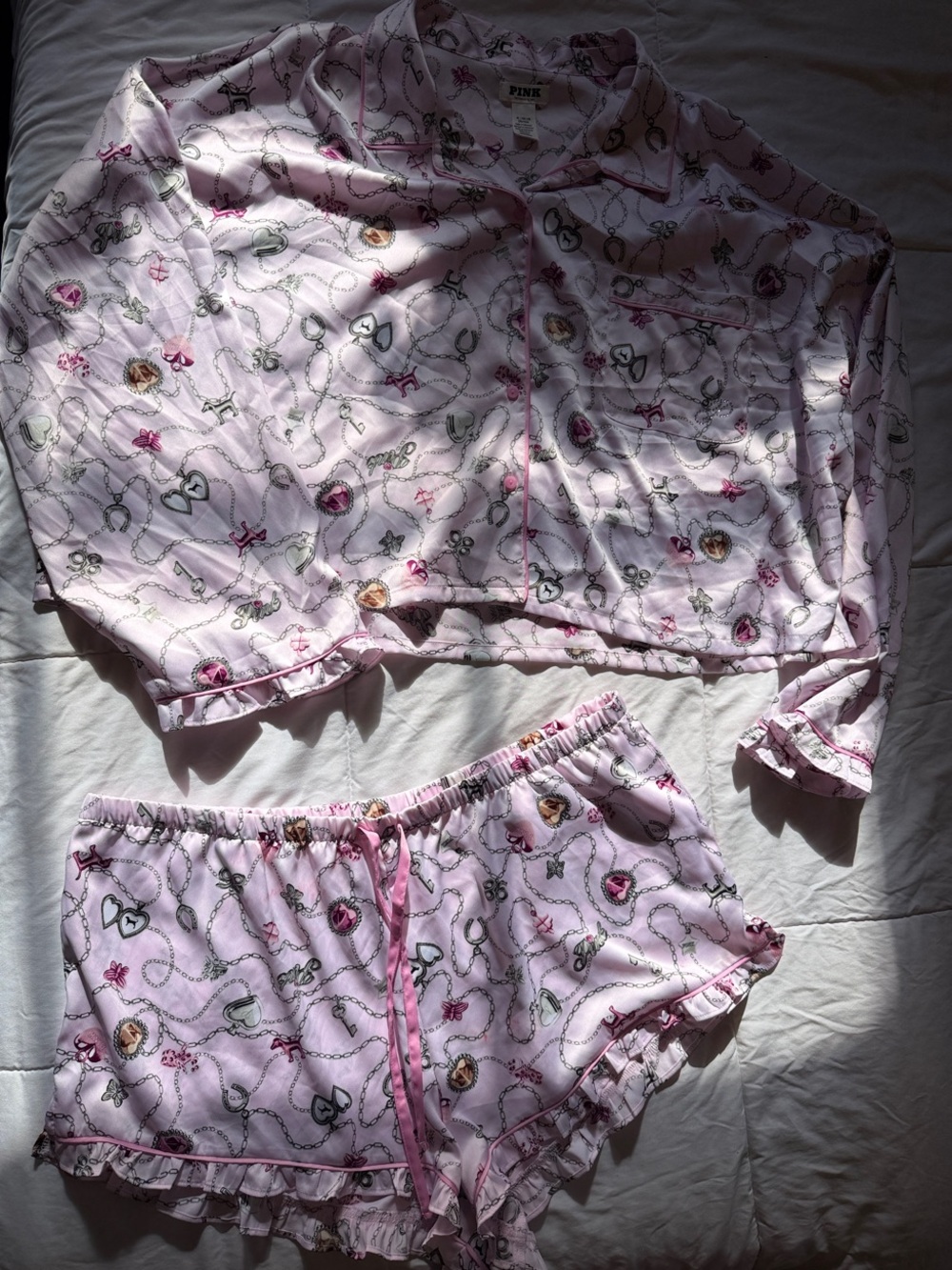 PINK Victoria's Secret Light Pink Chain & Charm Sleep crop Top and shorts set